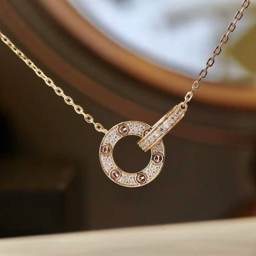 [Marin]LOVE 7.6MM NECKLACE ROSE GOLD AND SILVER  FULL DIAMOND