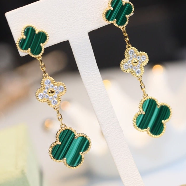 [Marin]CLOVER EARRINGS GOLD MALACHITE DIAMOND 3 MOTIF