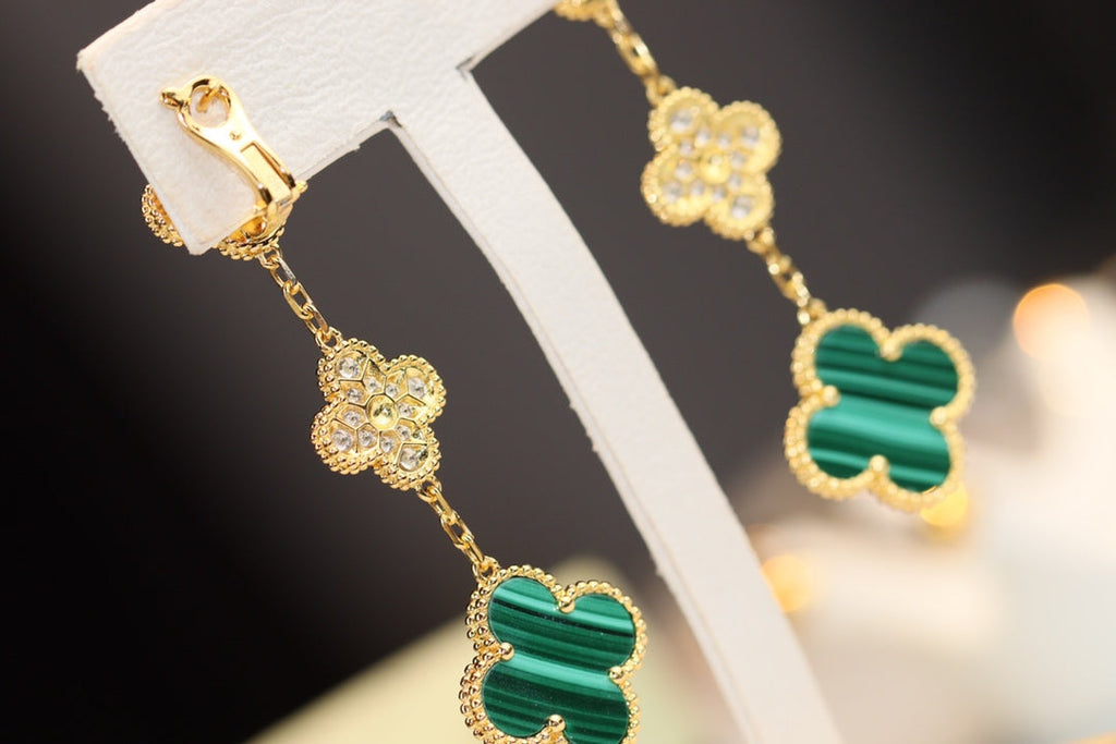 [Marin]CLOVER EARRINGS GOLD MALACHITE DIAMOND 3 MOTIF