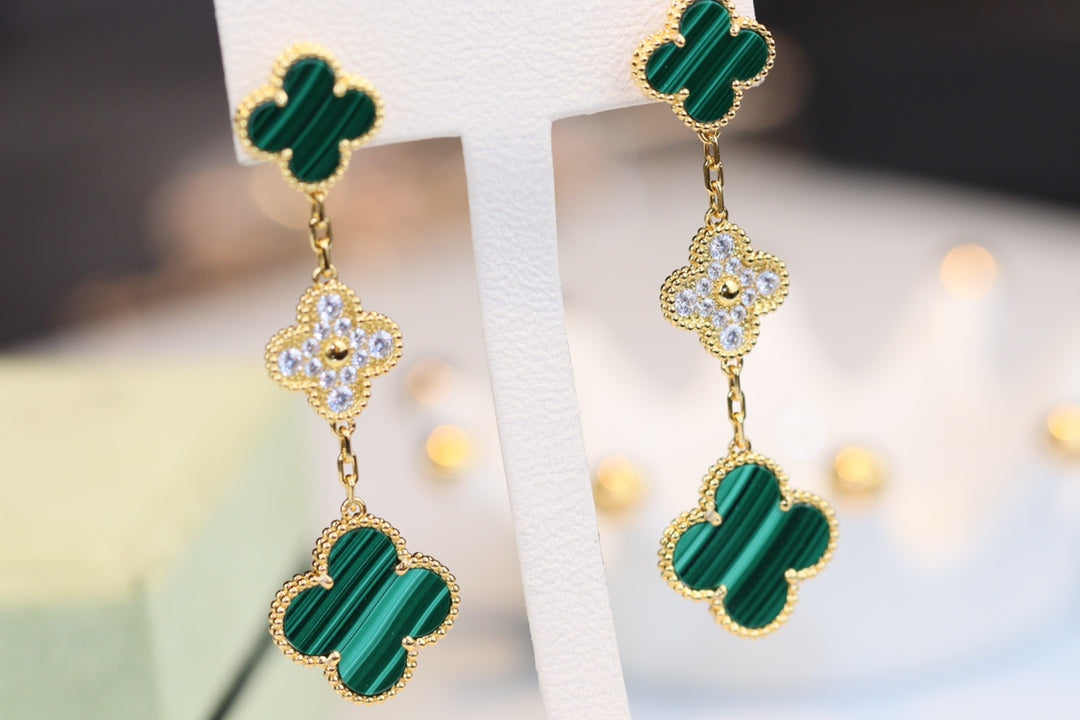 [Marin]CLOVER EARRINGS GOLD MALACHITE DIAMOND 3 MOTIF