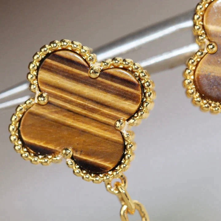 [Marin]BOUCLES D'OREILLES CLOVER 2 MOTIF ŒIL DE TIGRE ET CORNALINE