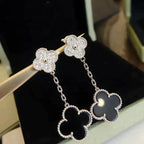 [Marin]CLOVER 2 MOTIFS  DIAMOND ONYX EARRINGS SILVER