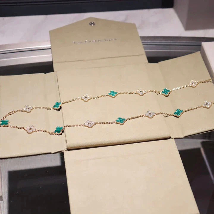 [Marin]CLOVER 20 MOTIFS MALACHITE DIAMOND NECKLACE