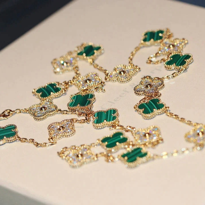 [Marin]CLOVER 20 MOTIFS MALACHITE DIAMOND NECKLACE
