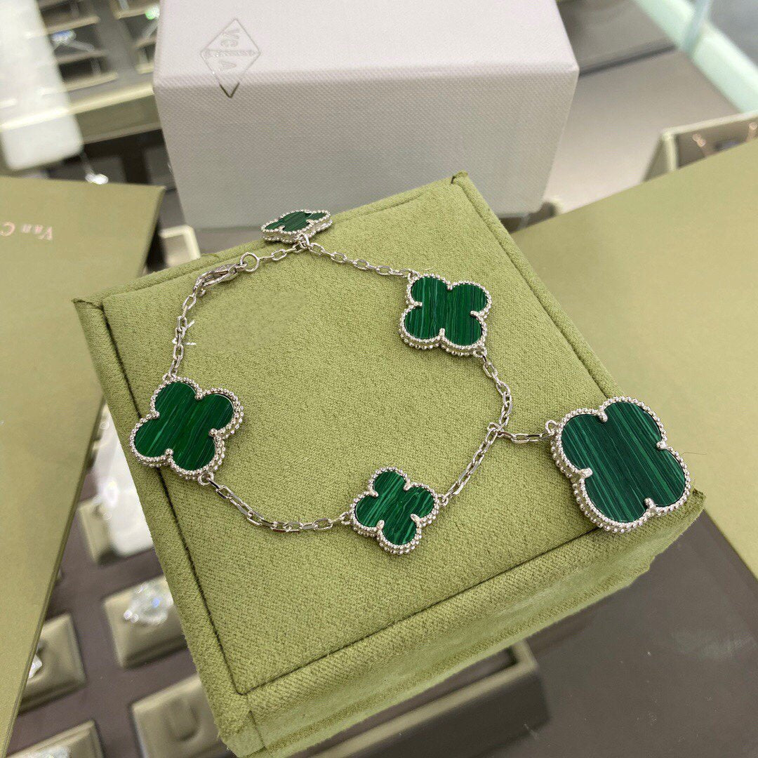 [Marin]CLOVER 5 MOTIFS SIVLER MALACHITE BRACELET