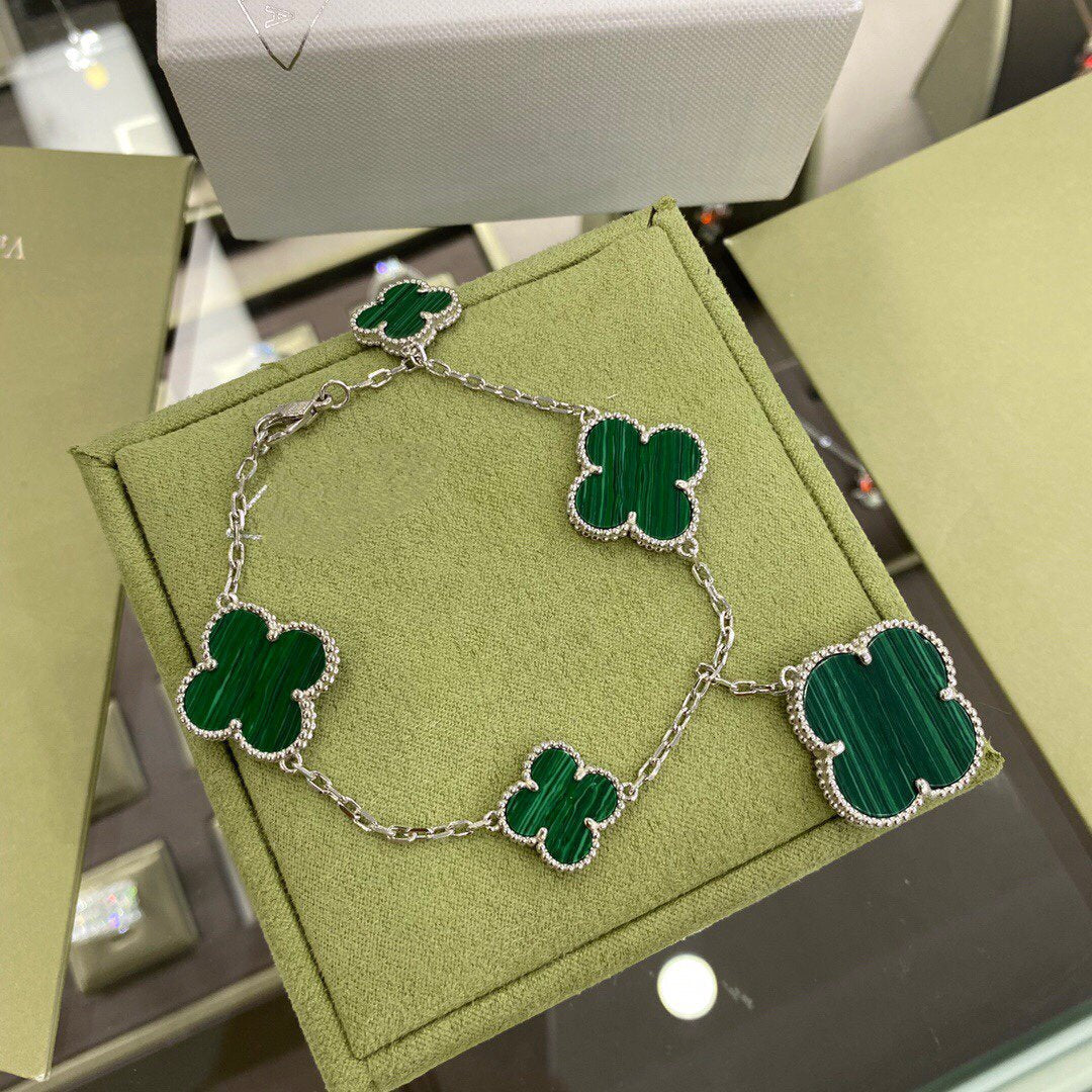 [Marin]CLOVER 5 MOTIFS SIVLER MALACHITE BRACELET
