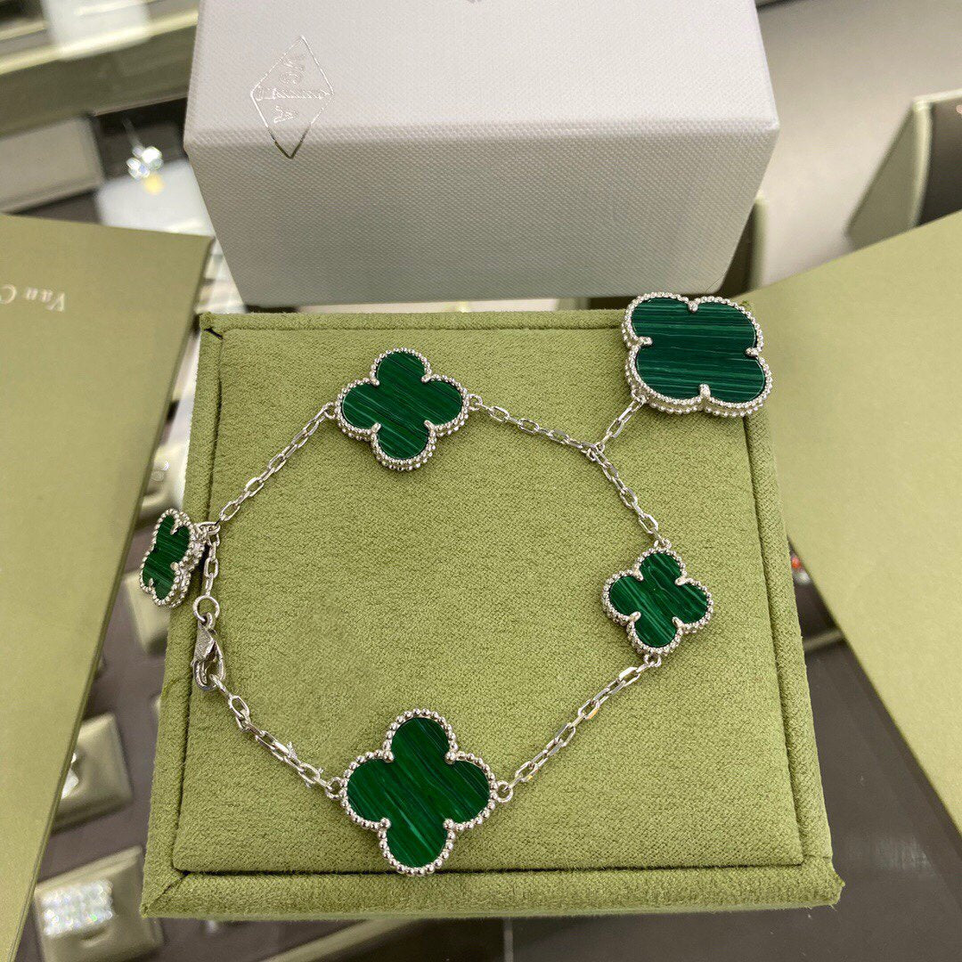 [Marin]CLOVER 5 MOTIFS SIVLER MALACHITE BRACELET
