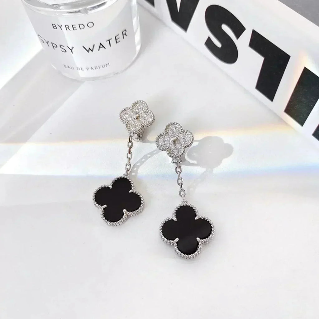 [Marin]CLOVER 2 MOTIFS  DIAMOND ONYX EARRINGS SILVER