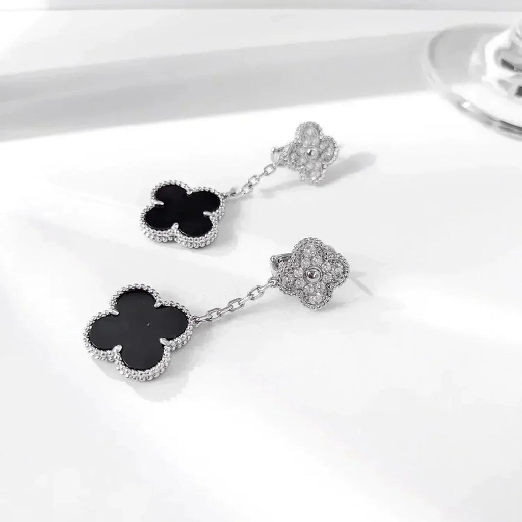 [Marin]CLOVER 2 MOTIFS  DIAMOND ONYX EARRINGS SILVER