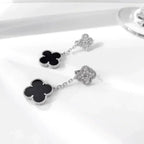 [Marin]CLOVER 2 MOTIFS  DIAMOND ONYX EARRINGS SILVER