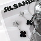 [Marin]CLOVER 2 MOTIFS  DIAMOND ONYX EARRINGS SILVER