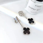 [Marin]CLOVER 2 MOTIFS  DIAMOND ONYX EARRINGS SILVER