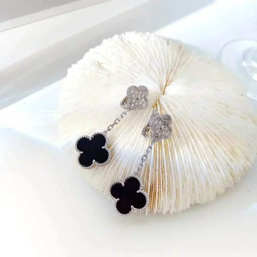 [Marin]CLOVER 2 MOTIFS  DIAMOND ONYX EARRINGS SILVER
