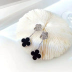 [Marin]CLOVER 2 MOTIFS  DIAMOND ONYX EARRINGS SILVER