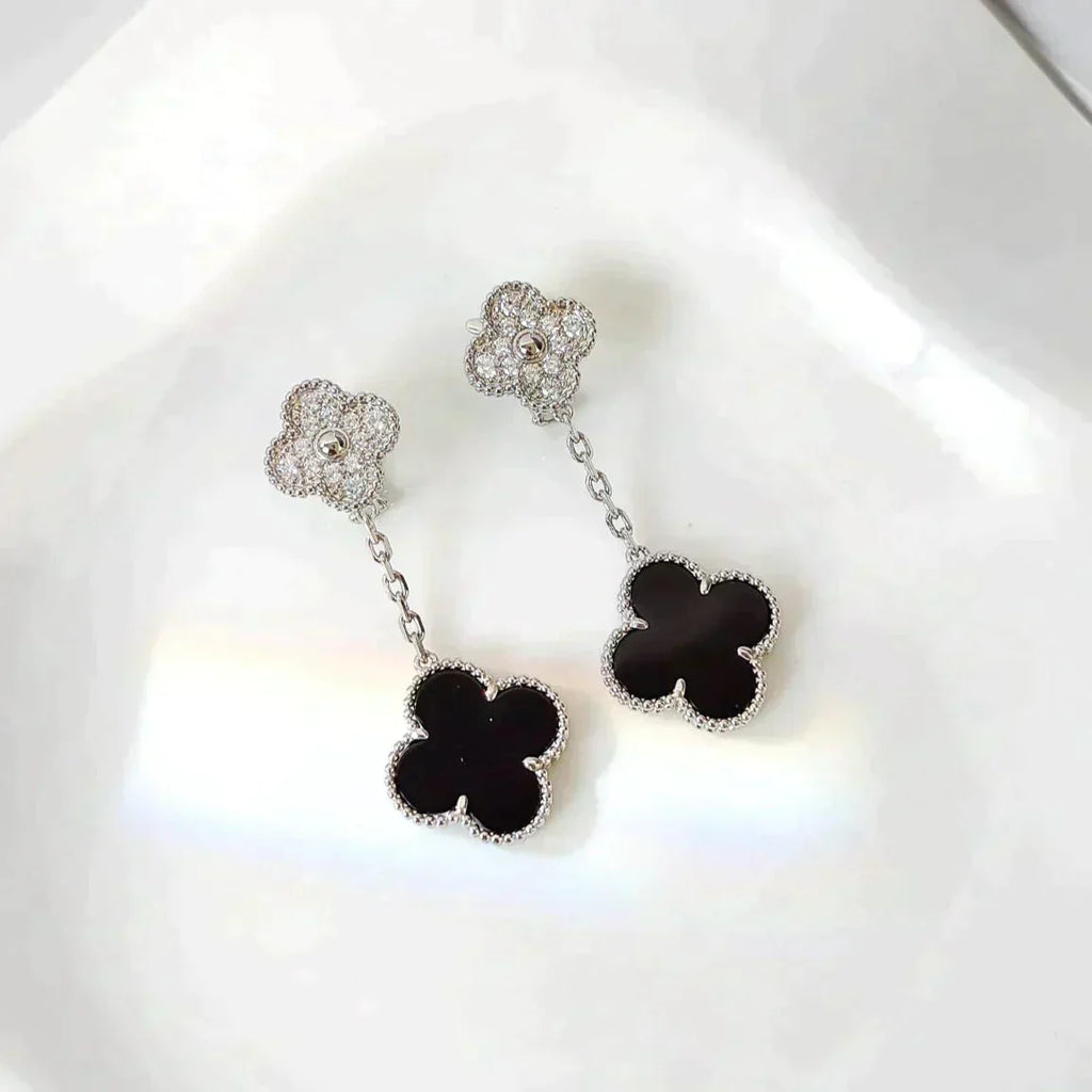 [Marin]CLOVER 2 MOTIFS  DIAMOND ONYX EARRINGS SILVER