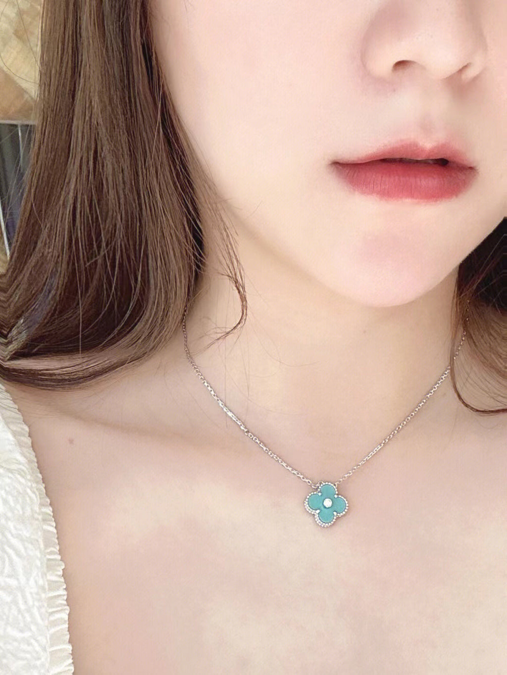 [Marin]CLOVER 1 DIAMOND LIGHT BLUE SILVER NECKLACE