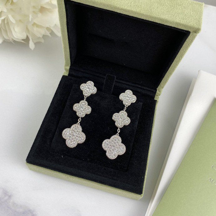 [Marin]CLOVER 3 MOTIF DIAMOND SILVER DROP EARRINGS