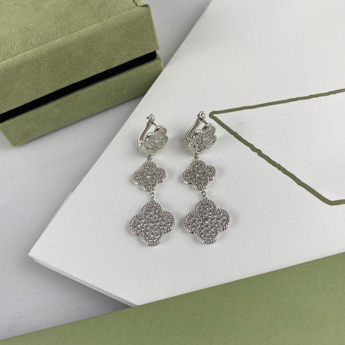 [Marin]CLOVER 3 MOTIF DIAMOND SILVER DROP EARRINGS