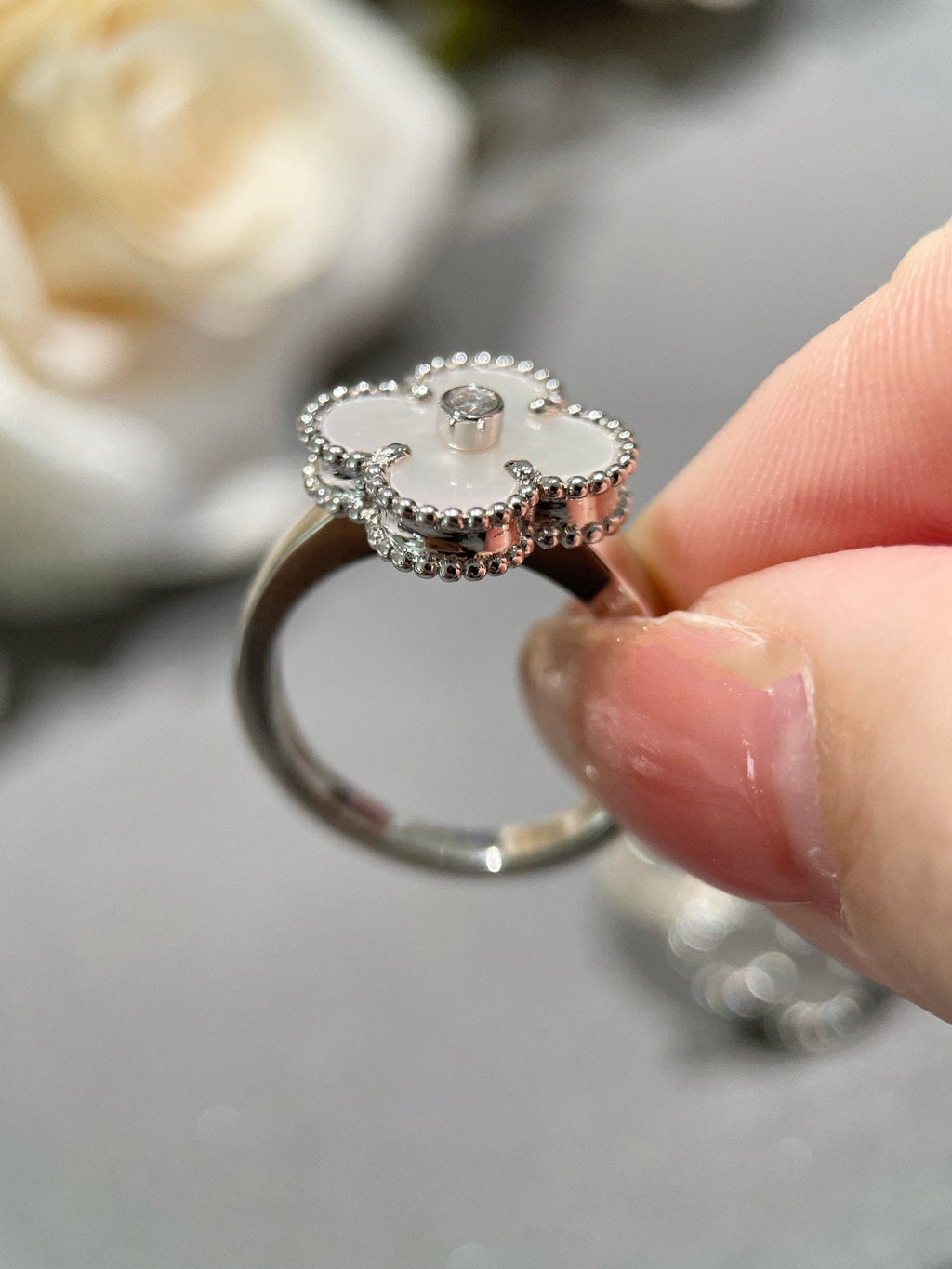 [Marin]BAGUE EN DIAMANT CLOVER SILVER MOP