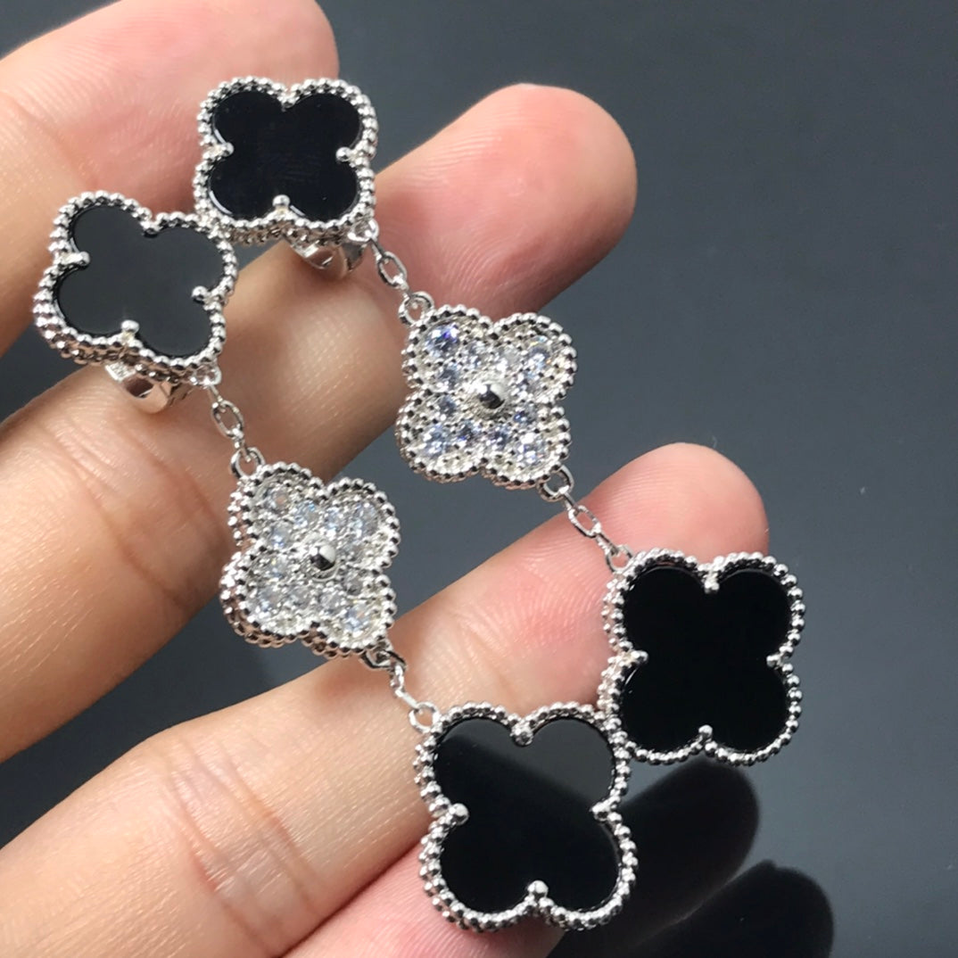 [Marin]CLOVER 3 MOTIF DIAMOND ONYX SILVER EARRINGS