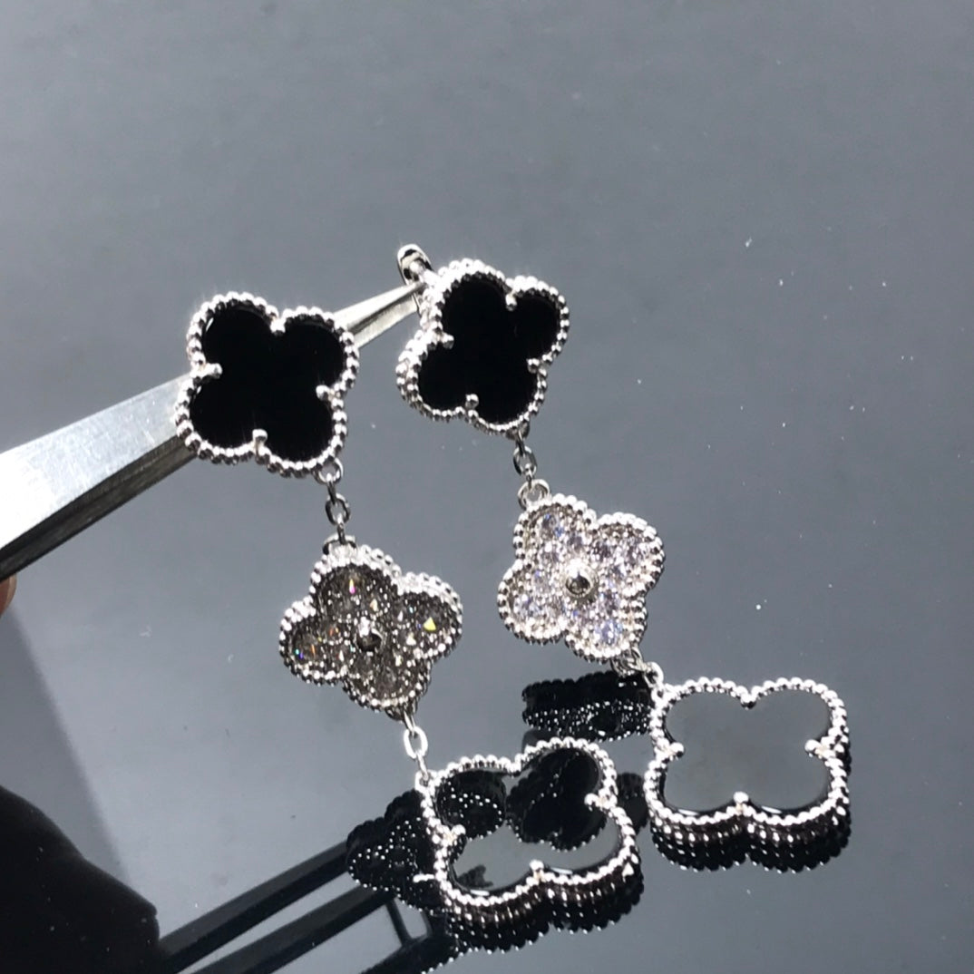 [Marin]CLOVER 3 MOTIF DIAMOND ONYX SILVER EARRINGS