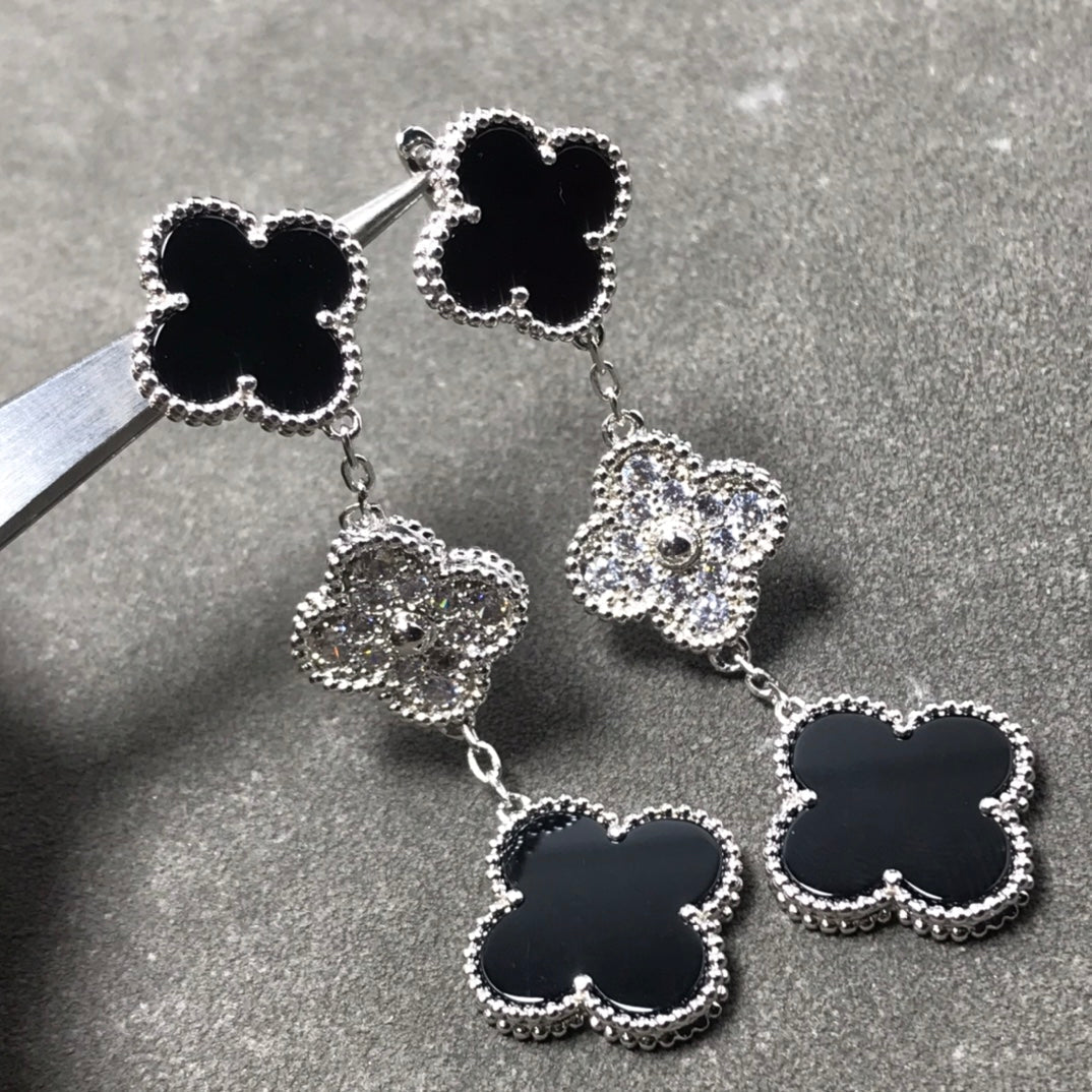 [Marin]CLOVER 3 MOTIF DIAMOND ONYX SILVER EARRINGS
