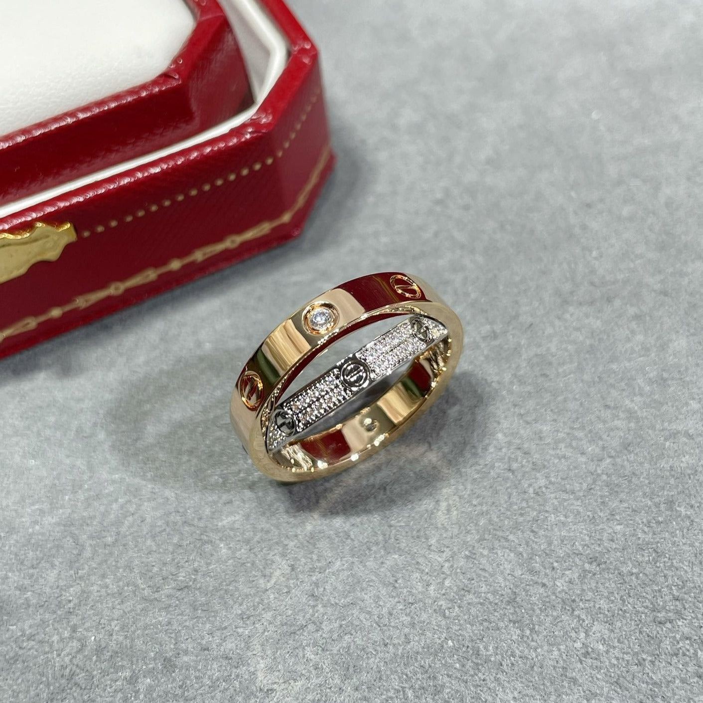 [Marin]LOVE PINK GOLD SILVER DIAMOND DOUBLE RING