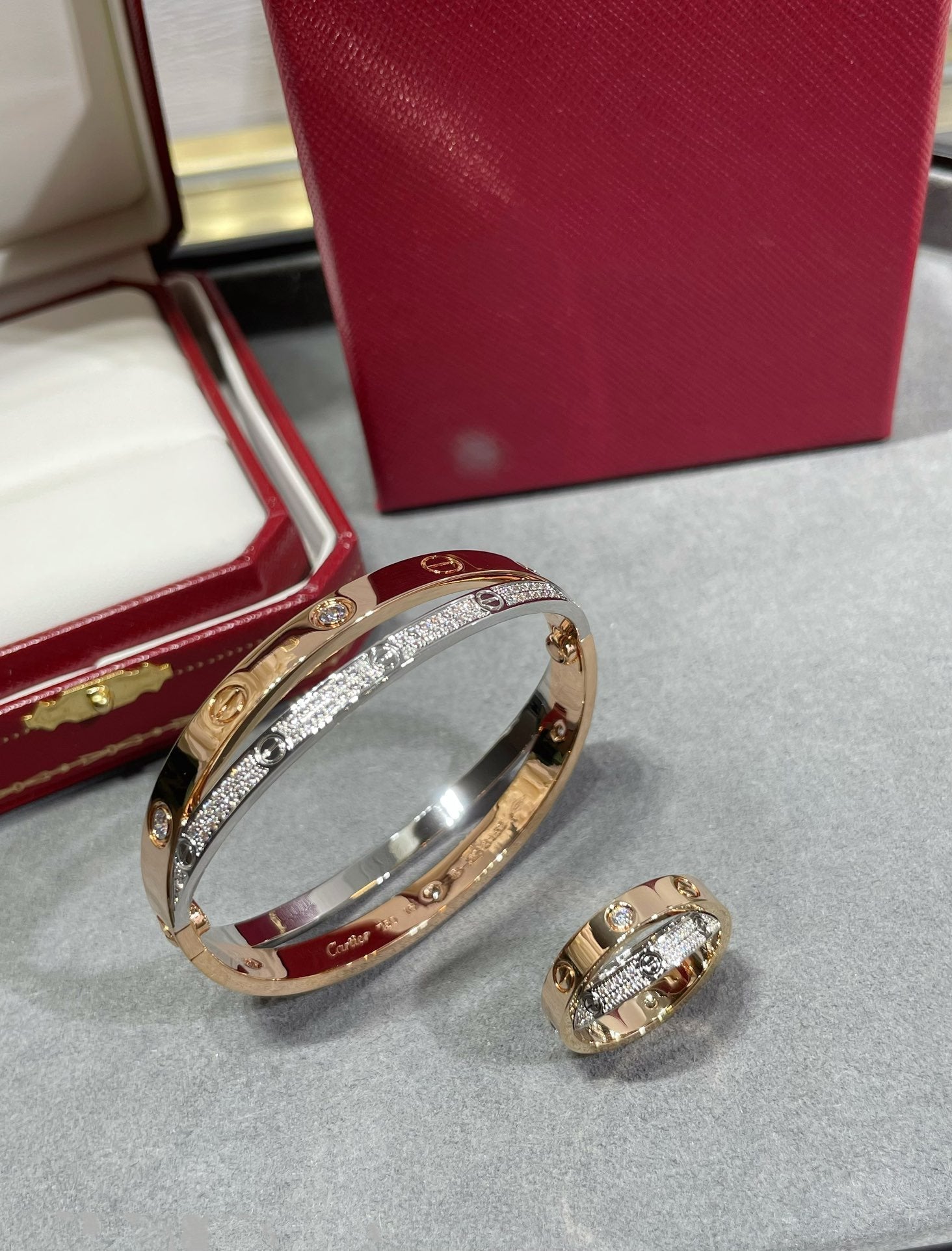 [Marin]LOVE PINK GOLD SILVER DIAMOND DOUBLE RING
