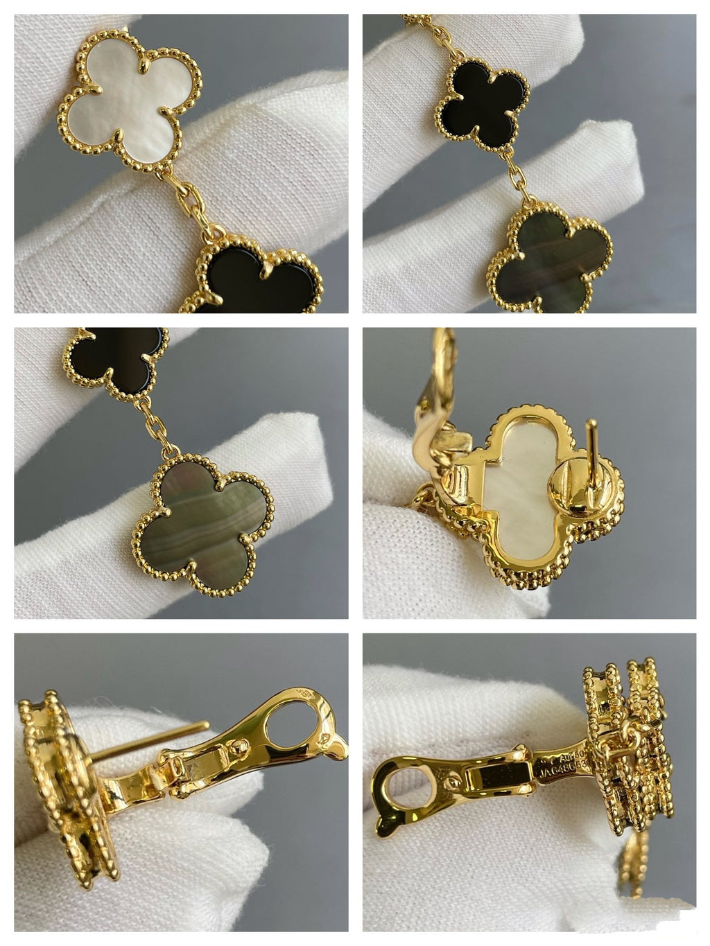 [Marin]CLOVER 3 MOTIF MOP ONYX DARK MOP PINK GOLD EARRINGS