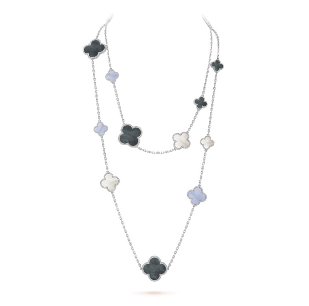 [Marin]CLOVER 16 MOTIF CHALCEDONY MOP SILVER NECKLACE