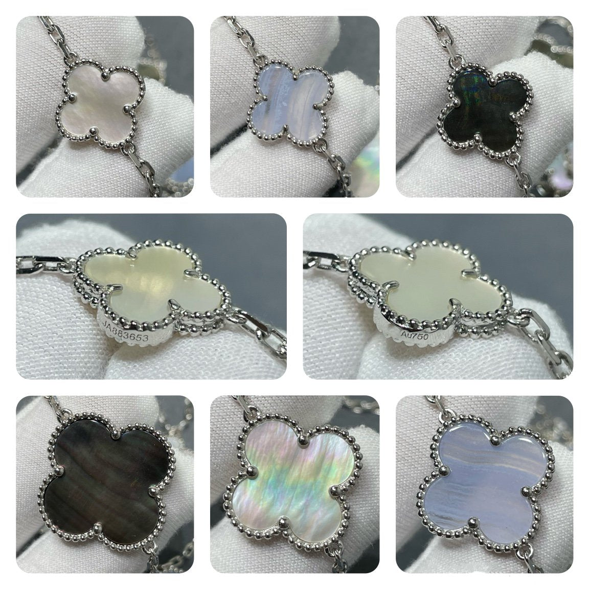 [Marin]CLOVER 16 MOTIF CHALCEDONY MOP SILVER NECKLACE