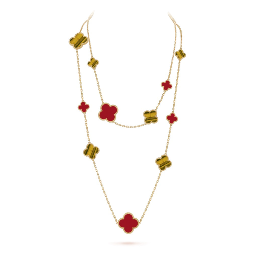 [Marin]CLOVER 16 MOTIF CARNELIAN TIGER EYE ROSE GOLD NECKLACE