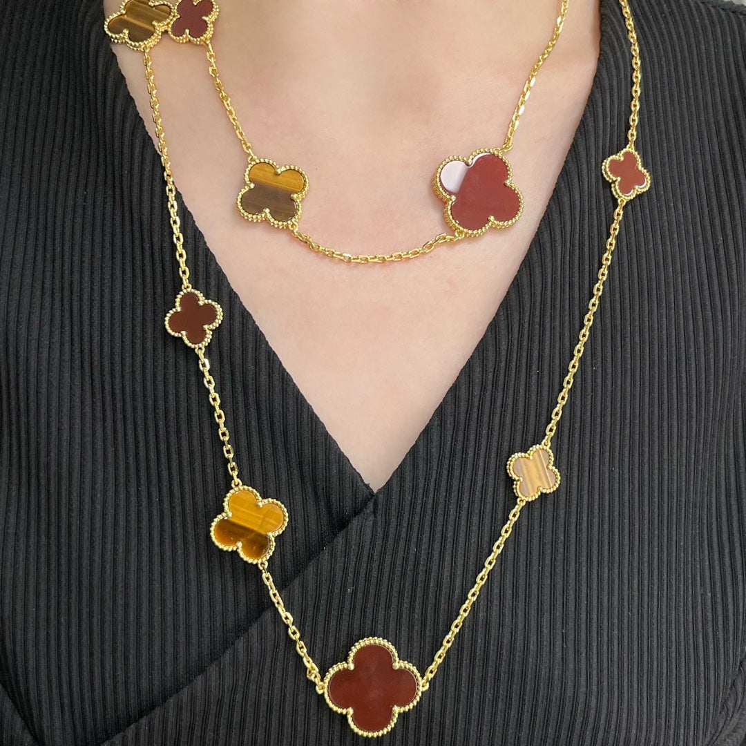 [Marin]CLOVER 16 MOTIF CARNELIAN TIGER EYE ROSE GOLD NECKLACE