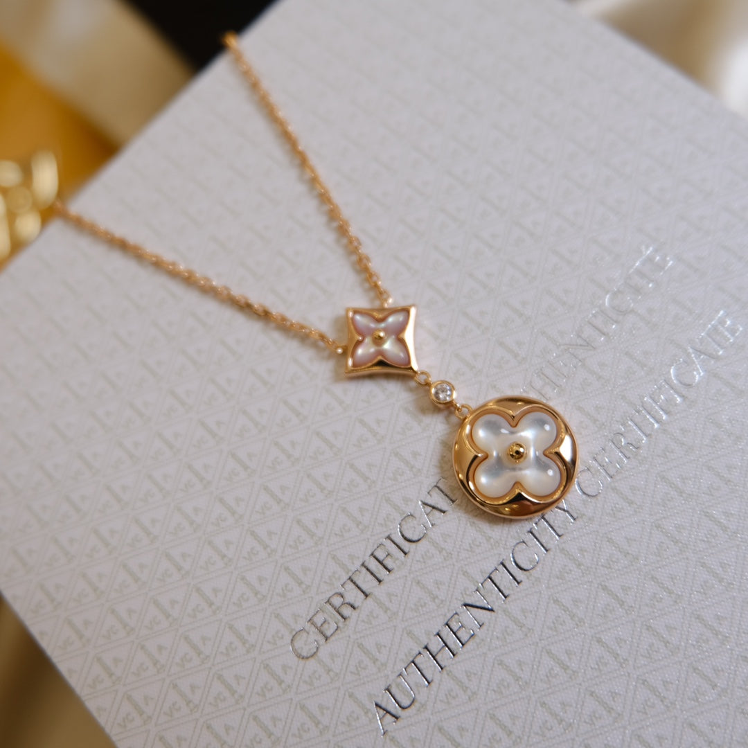 [Marin]STAR AND SUN WHITE MOP 2 MOTIF PINK GOLD NECKLACE