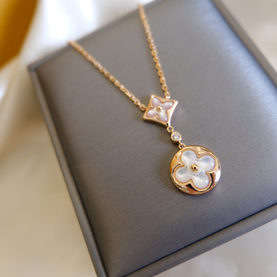 [Marin]STAR AND SUN WHITE MOP 2 MOTIF PINK GOLD NECKLACE