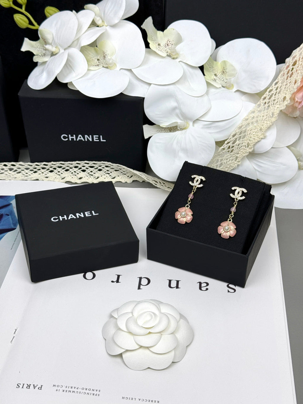 [Marin]26C Pink Camellia Enamel Pendant with Double C Earrings