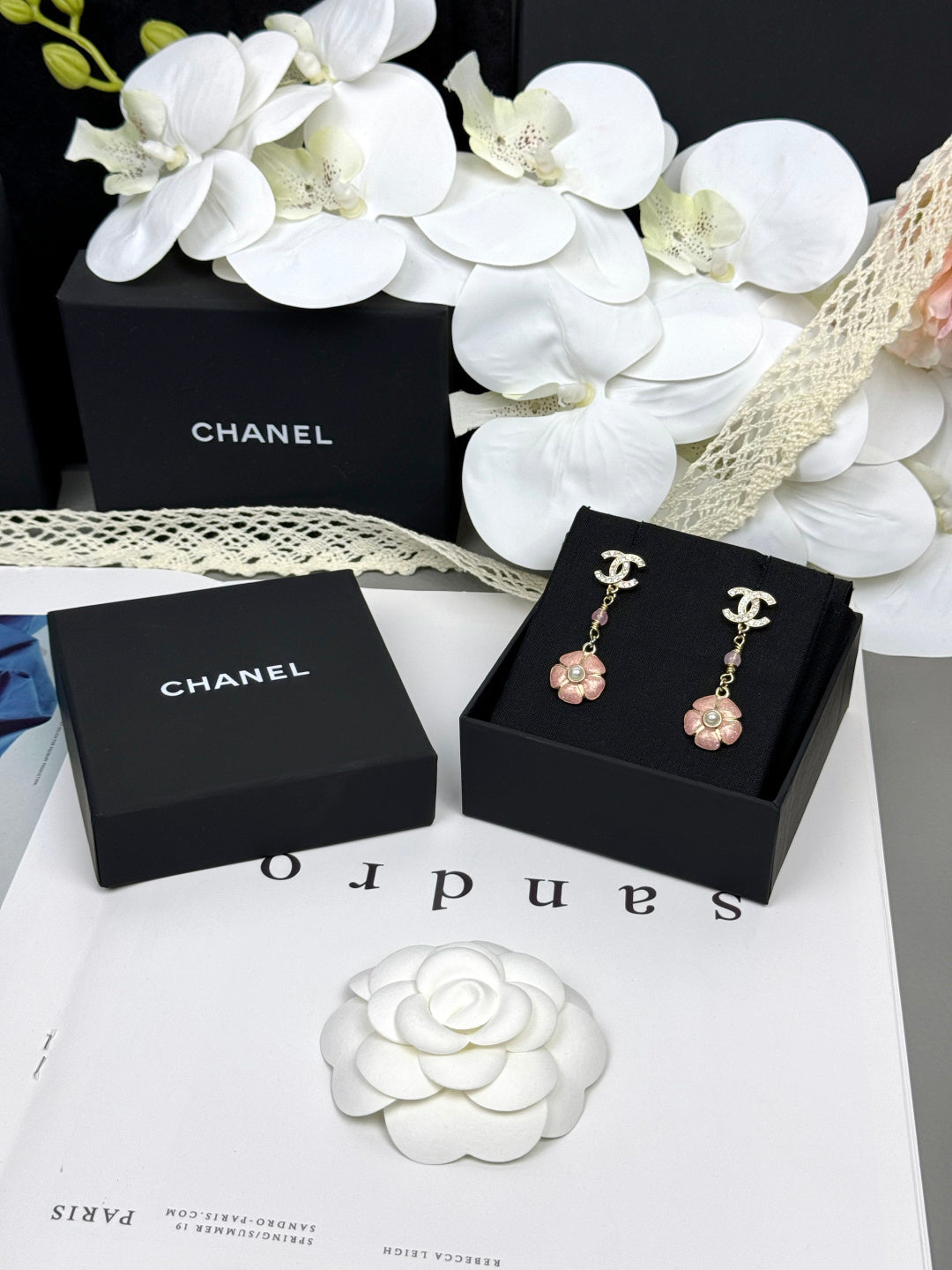 [Marin]26C Pink Camellia Enamel Pendant with Double C Earrings