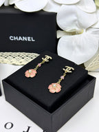 [Marin]26C Pink Camellia Enamel Pendant with Double C Earrings