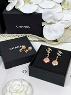 [Marin]26C Pink Camellia Enamel Pendant with Double C Earrings
