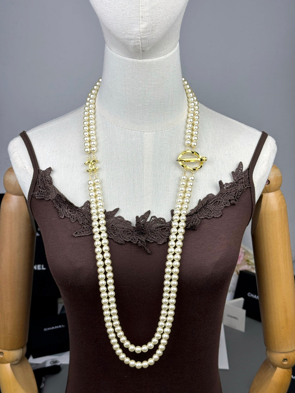 [Marin]25K Pencil Double C Double-Layer Pearl Sweater Chain