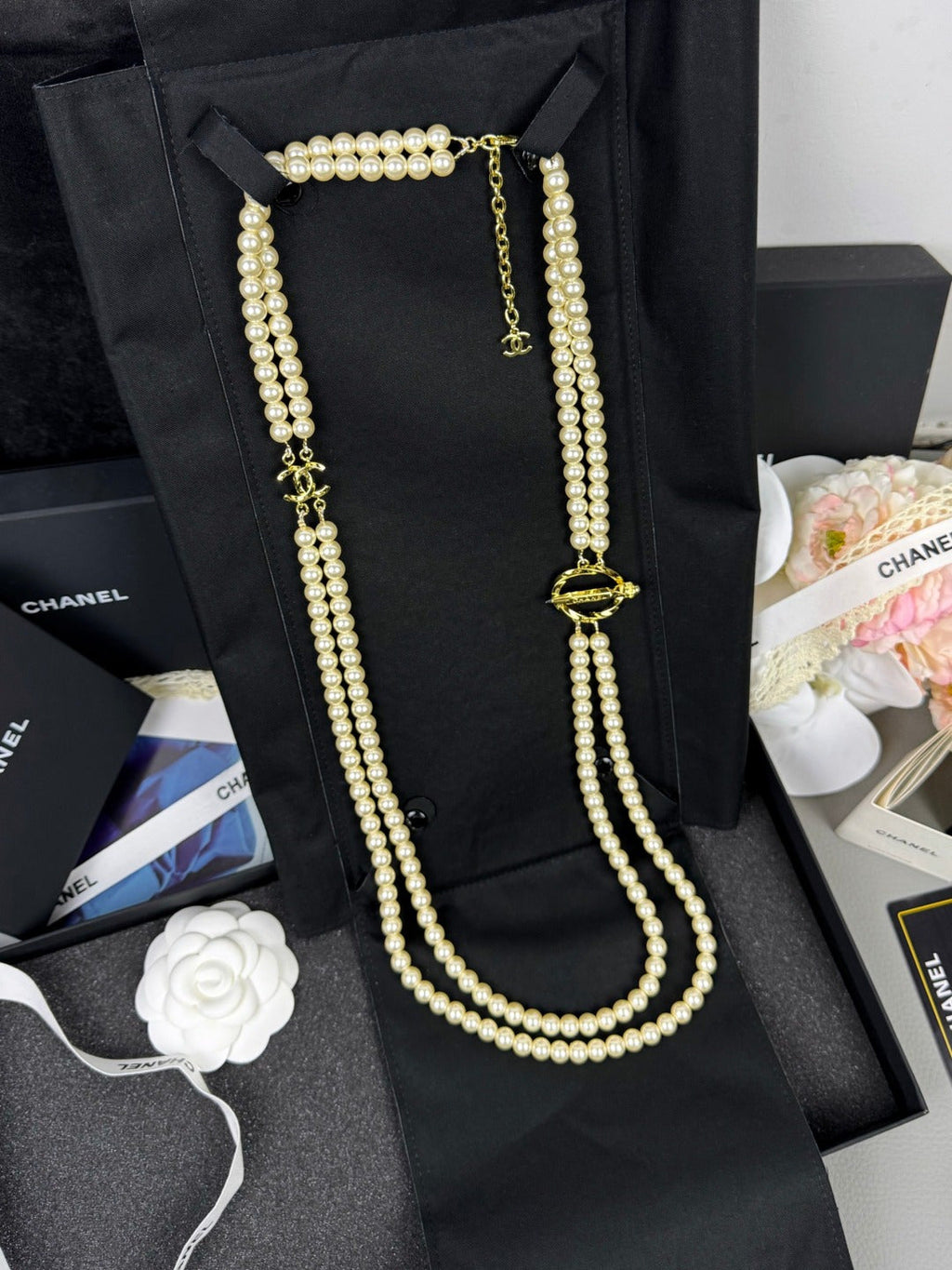 [Marin]25K Pencil Double C Double-Layer Pearl Sweater Chain