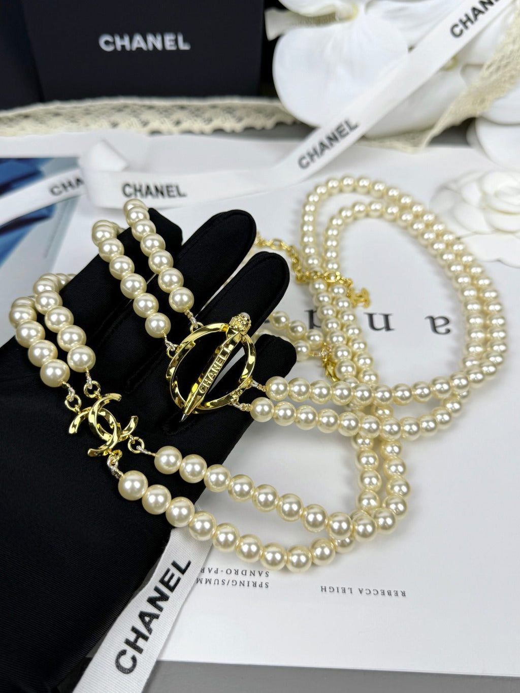 [Marin]25K Pencil Double C Double-Layer Pearl Sweater Chain