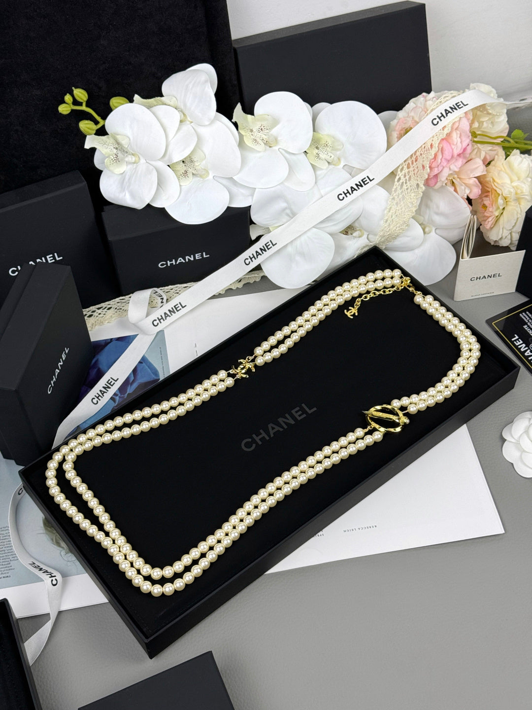 [Marin]25K Pencil Double C Double-Layer Pearl Sweater Chain