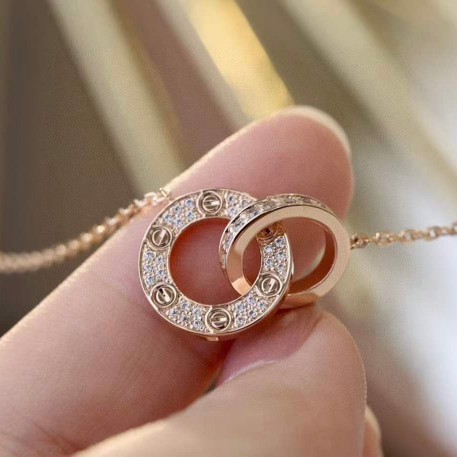 [Marin]LOVE 7.6MM NECKLACE ROSE GOLD AND SILVER  FULL DIAMOND