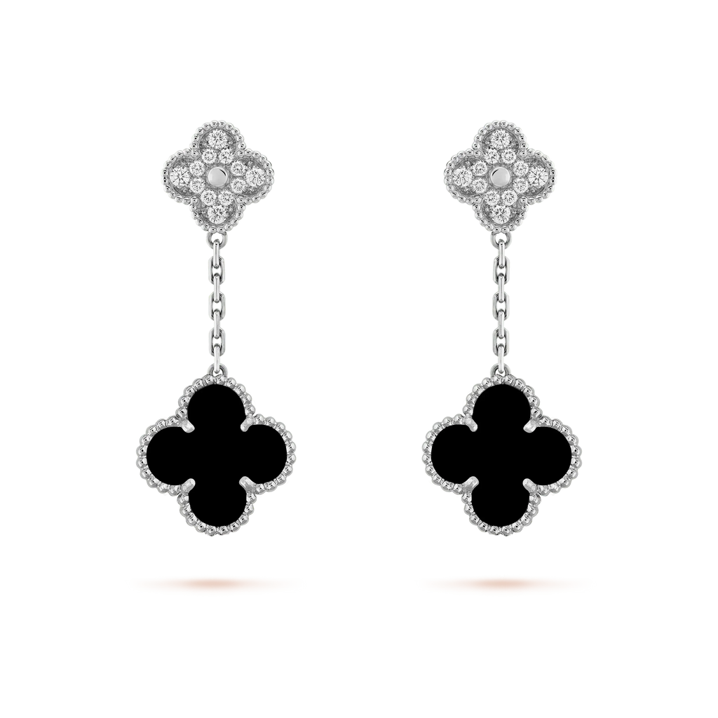 [Marin]CLOVER 2 MOTIFS  DIAMOND ONYX EARRINGS SILVER