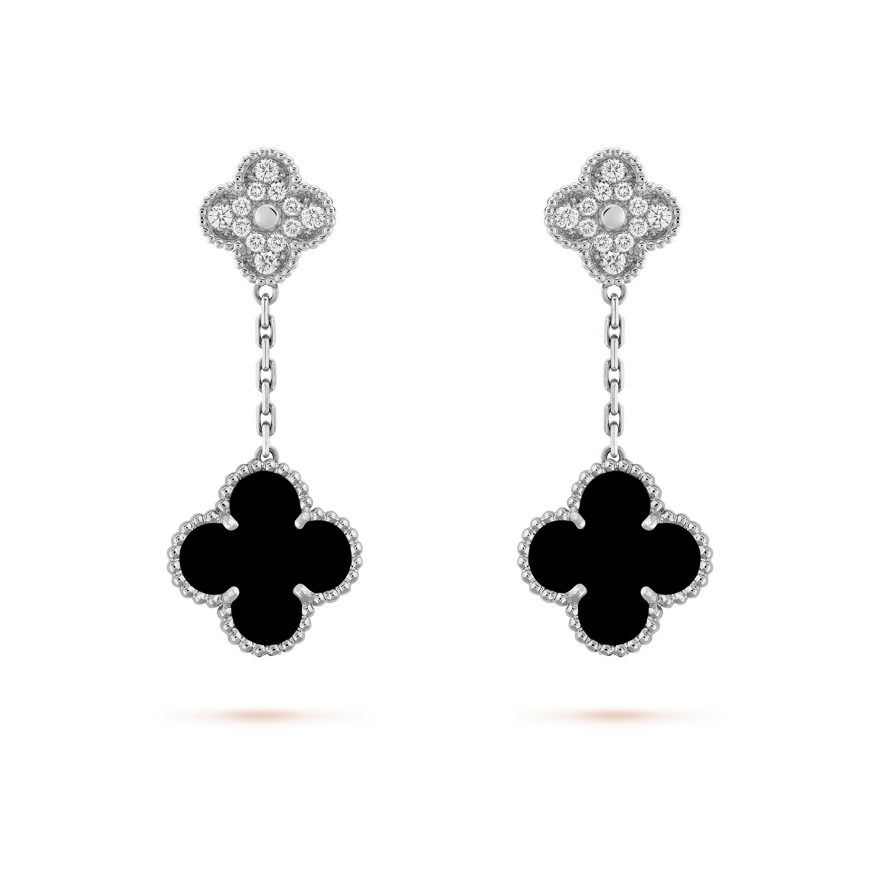 [Marin]CLOVER 2 MOTIFS  DIAMOND ONYX EARRINGS SILVER