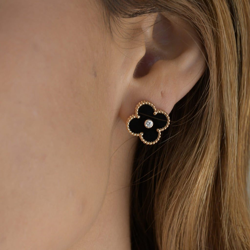 [Marin]BOUCLES D'OREILLES CLOVER MEDIUM 1 MOTIFS ONYX ET DIAMANTS