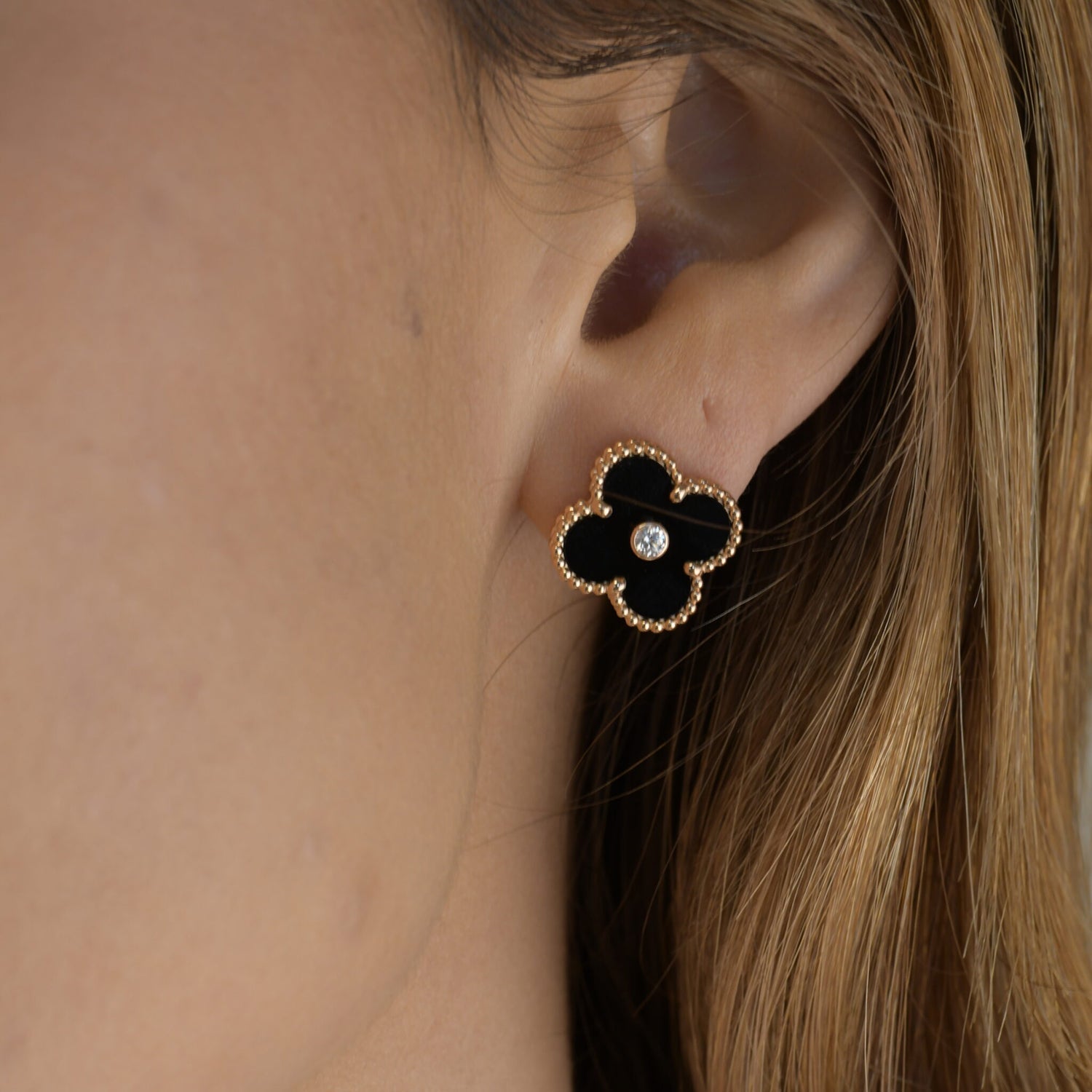 [Marin]BOUCLES D'OREILLES CLOVER MEDIUM 1 MOTIFS ONYX ET DIAMANTS