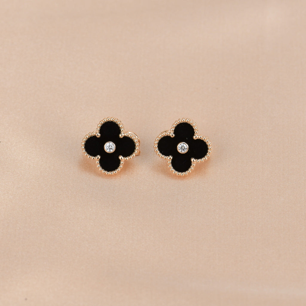 [Marin]BOUCLES D'OREILLES CLOVER MEDIUM 1 MOTIFS ONYX ET DIAMANTS