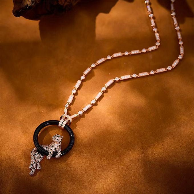 [Marin jewelrys]NEW BLACK CIRCLE PANTHER FULL DIAMOND NECKLACE
